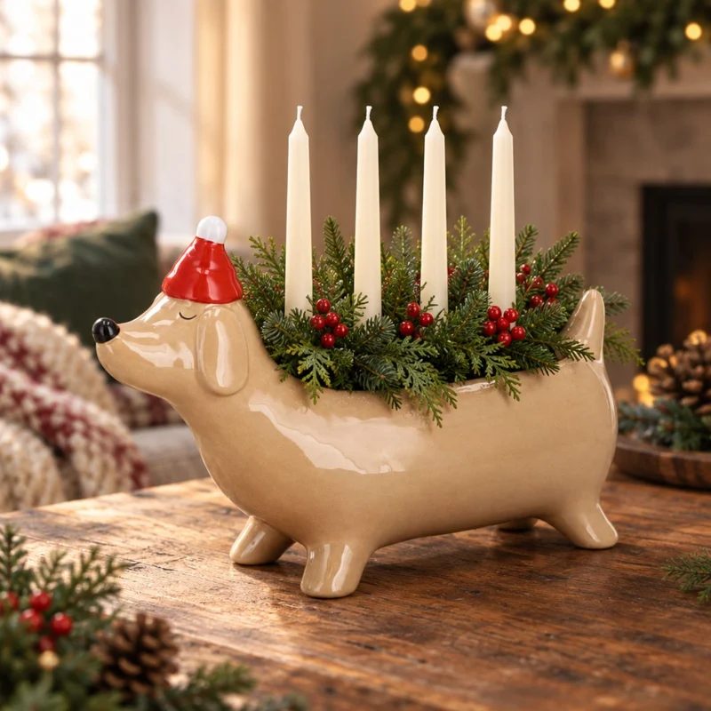 Dackel Weihnachtsdeko – Pflanztopf & Adventskranz zum Gestalten